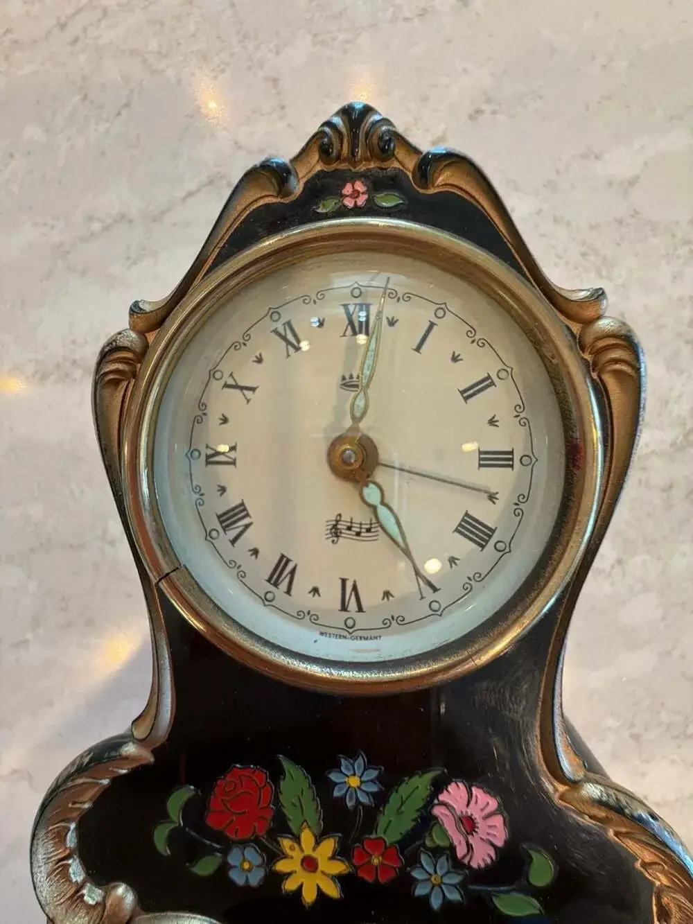 Vintage Reuge Edelweiss Musical Mantle Clock with Floral Hand-Painted Detail